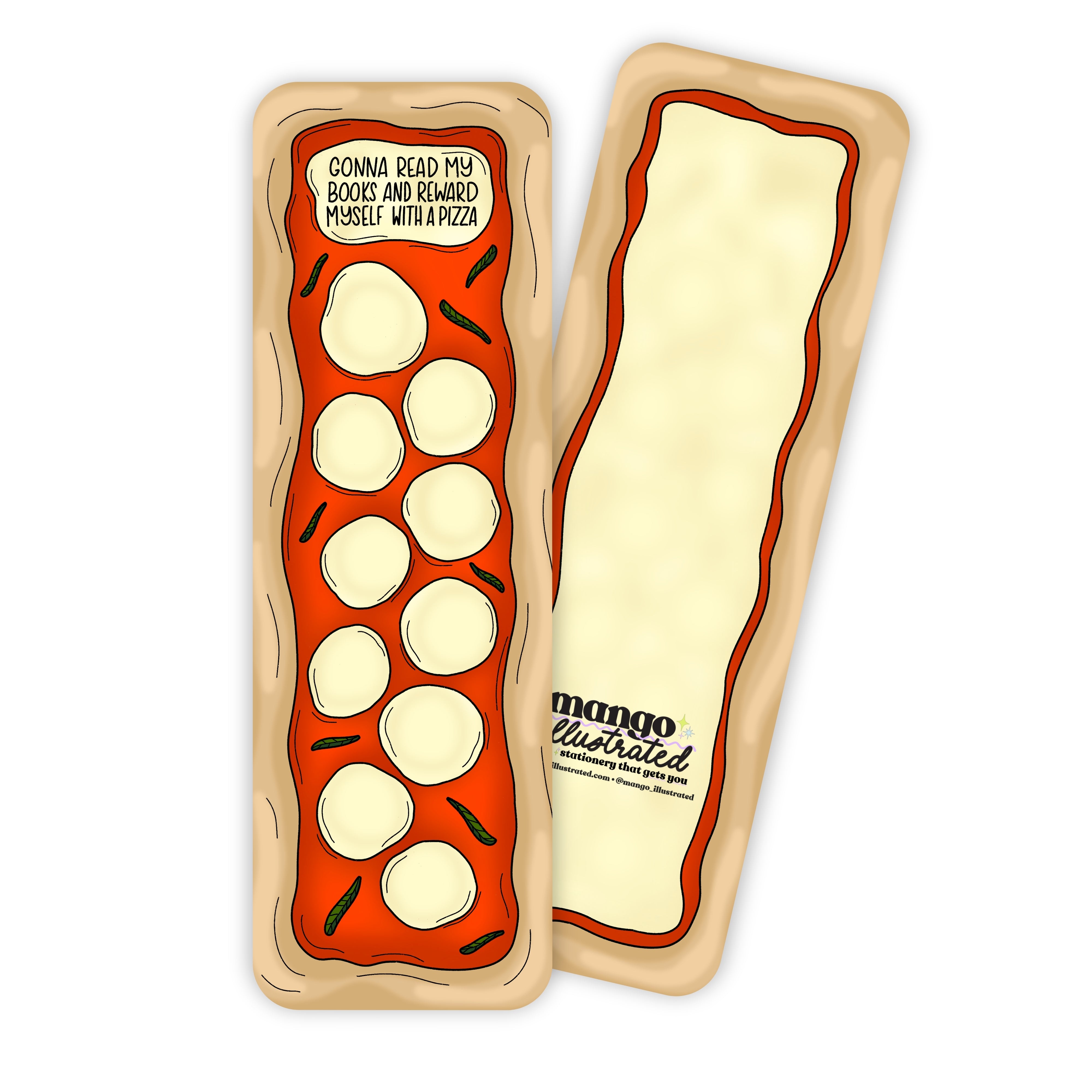 Pizza Reading Reward illustrated bookmark badge — cheesy pizza reading tracker bookmark by MangoIllustrated
