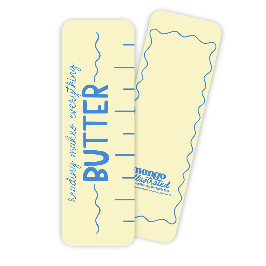 Reading Makes Everything Butter illustrated bookmark badge — butter stick pun bookmark by MangoIllustrated
