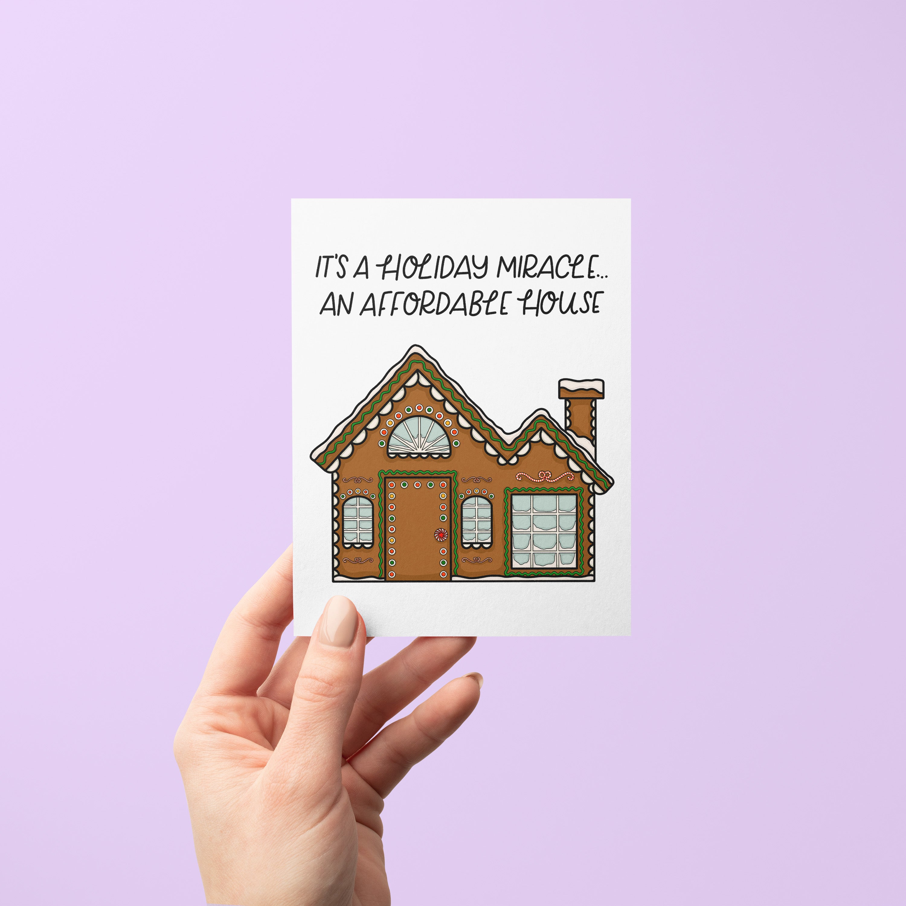 Affordable Gingerbread House card detail — millennial humor Christmas greeting card by MangoIllustrated