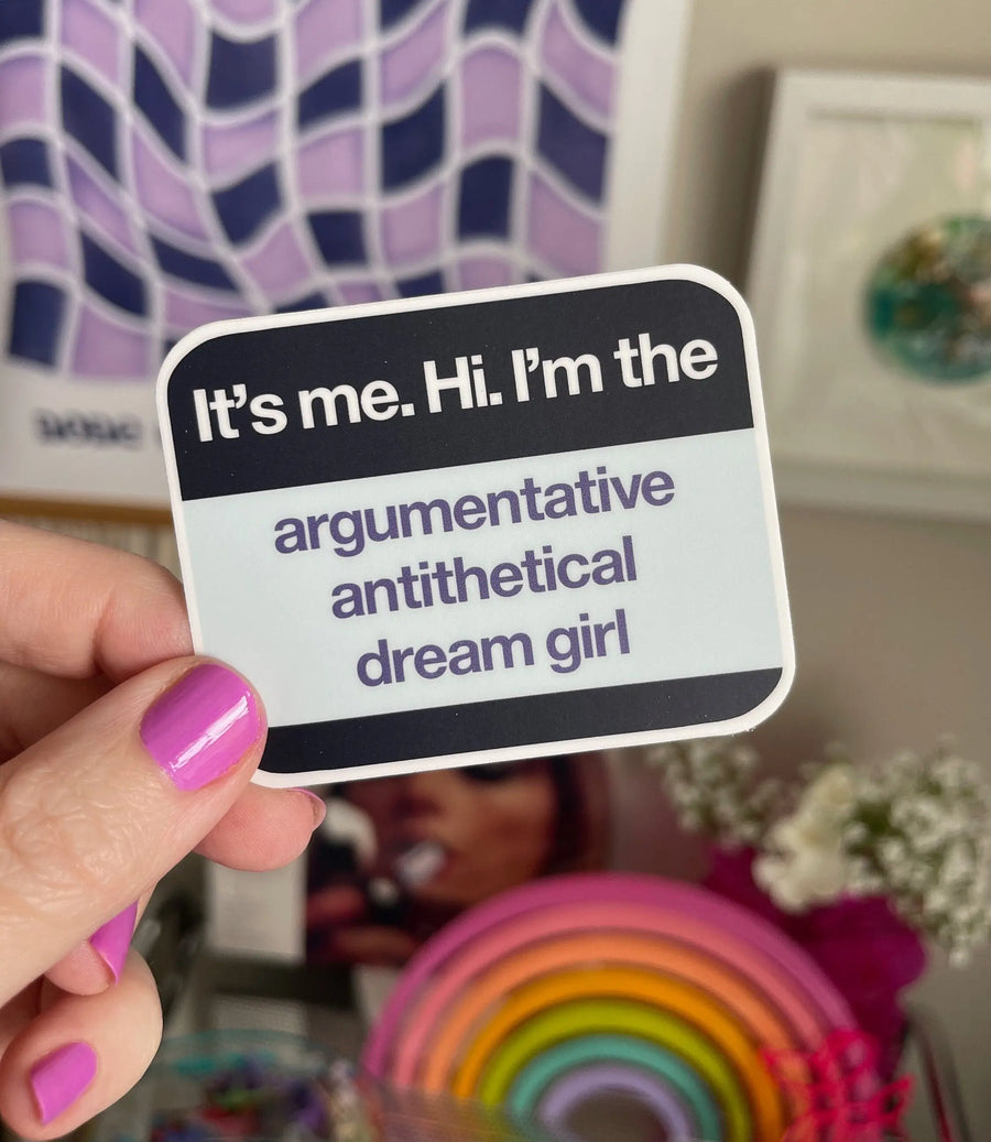 Argumentative Antithetical Dream Girl name tag sticker MangoIllustrated