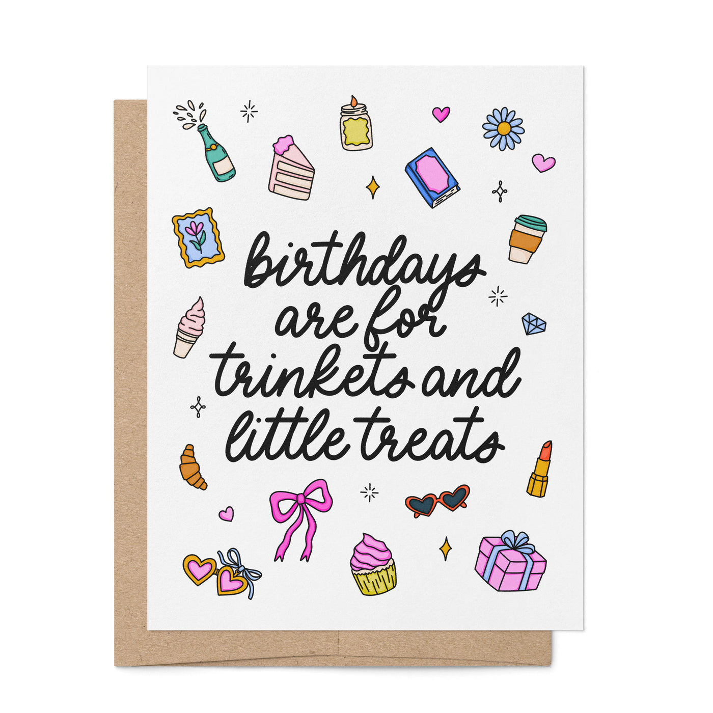 Trinkets and Little Treats birthday card with A2 kraft envelope — illustrated birthday card by MangoIllustrated