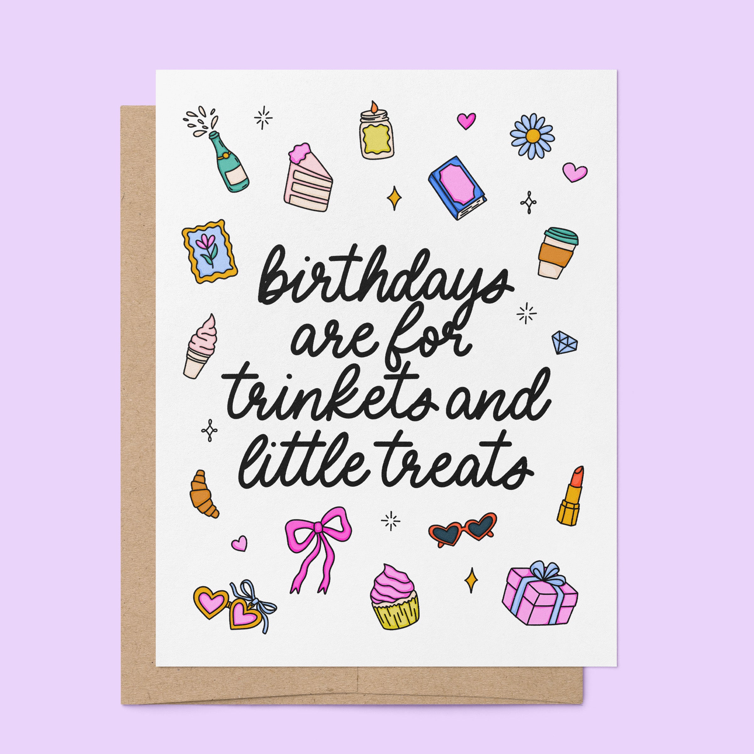 Trinkets and Little Treats birthday card flat lay — cute birthday card by indie artist MangoIllustrated