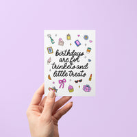 Trinkets and Little Treats birthday card detail — hand lettered little treats greeting by MangoIllustrated