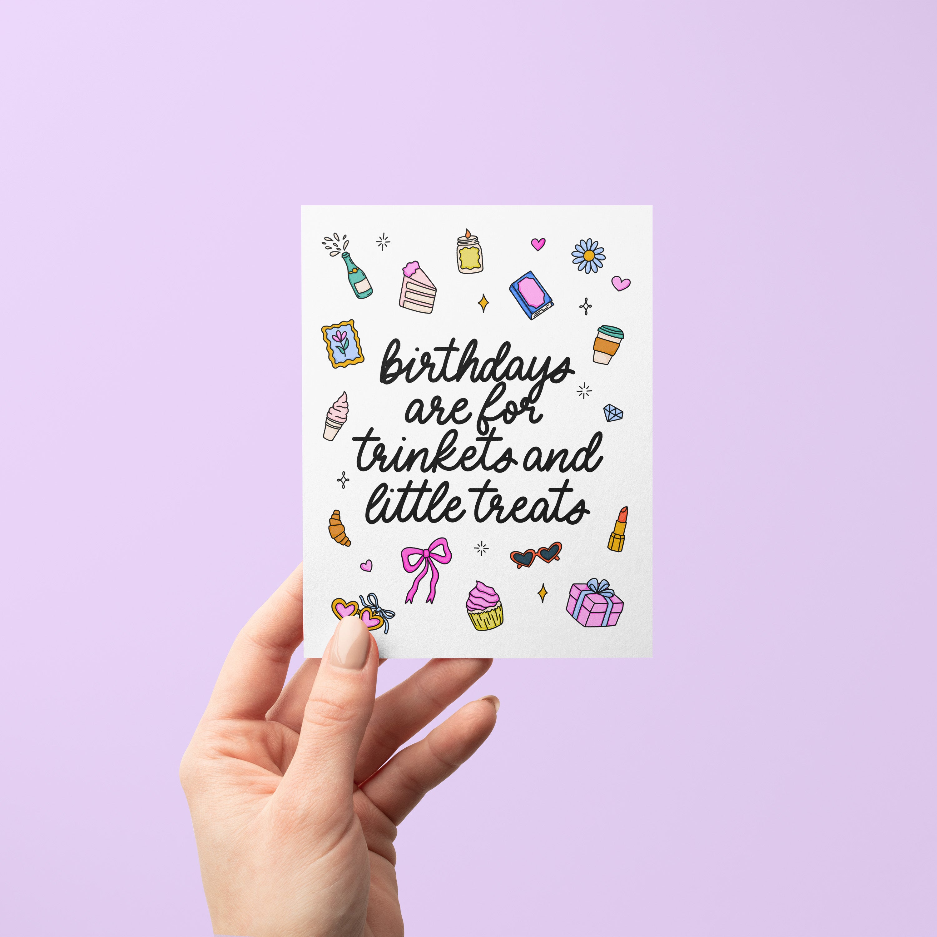 Trinkets and Little Treats birthday card detail — hand lettered little treats greeting by MangoIllustrated