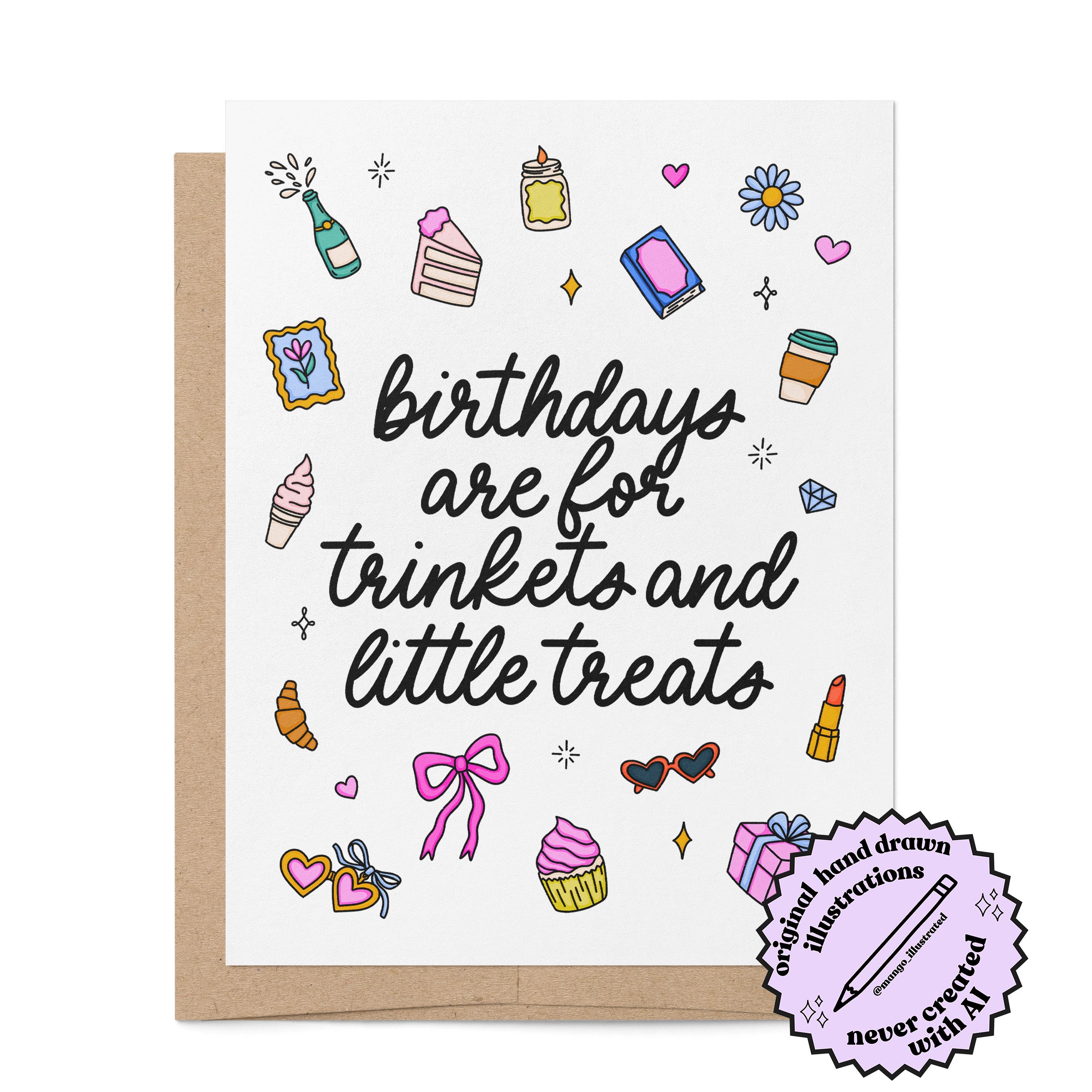Trinkets and Little Treats birthday card — hand drawn trinket illustrations by MangoIllustrated