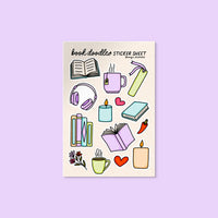 Book Doodles Sticker Sheet flat lay — illustrated bookish sticker sheet by indie artist MangoIllustrated