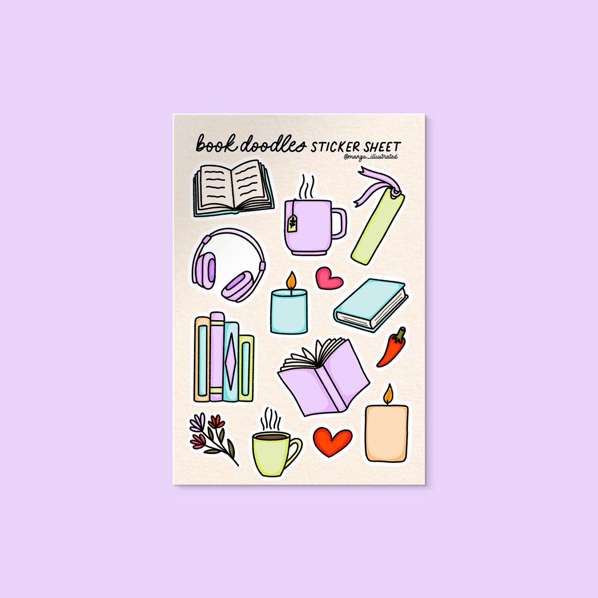 Book Doodles Sticker Sheet flat lay — illustrated bookish sticker sheet by indie artist MangoIllustrated
