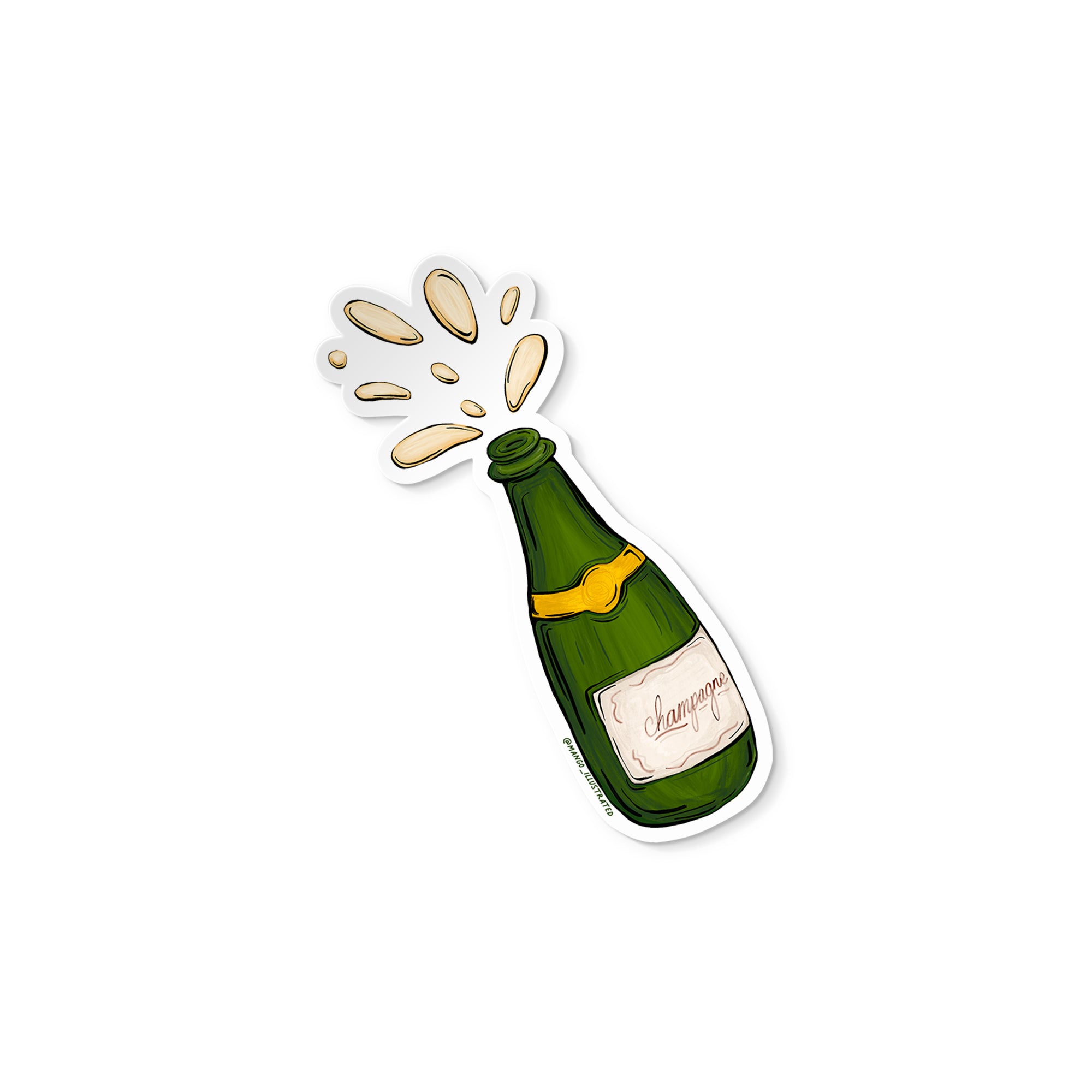 Vinyl sticker of a champagne bottle popping with bubbly splash illustration.