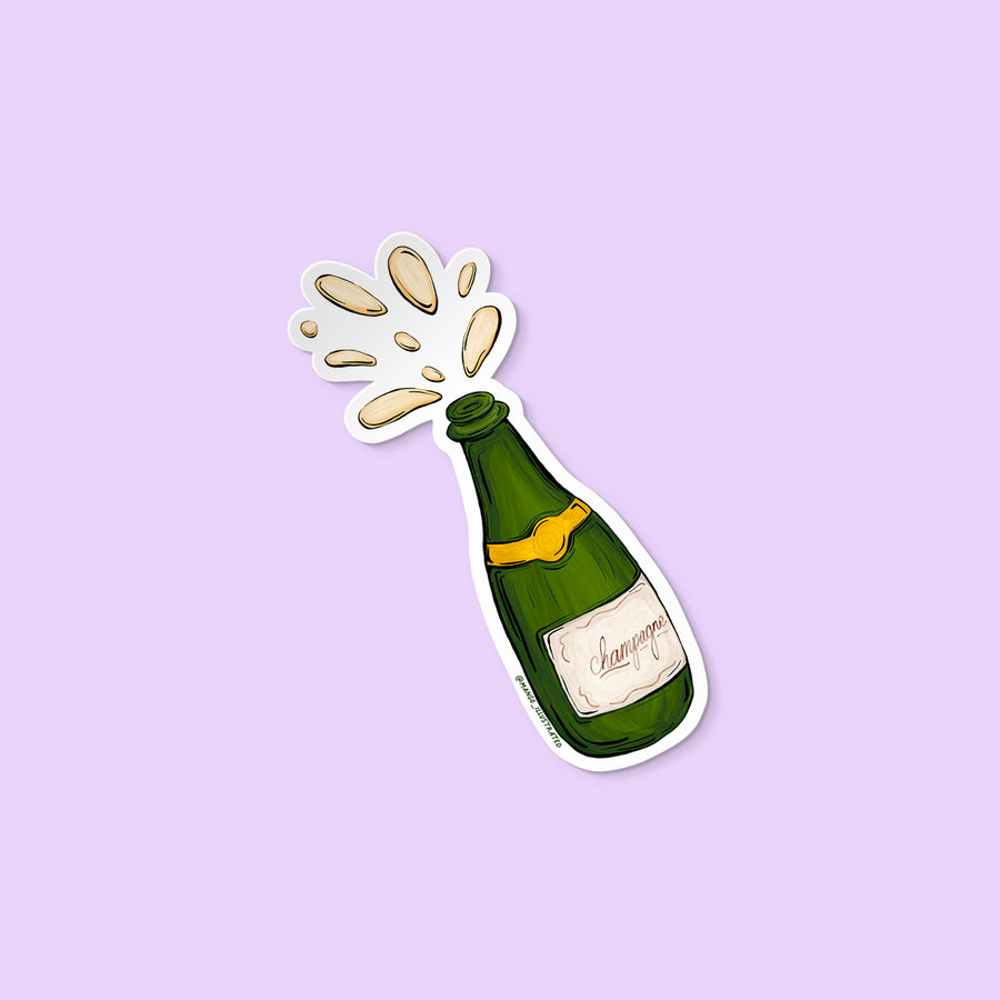 Vinyl sticker of a champagne bottle popping with bubbly splash illustration.