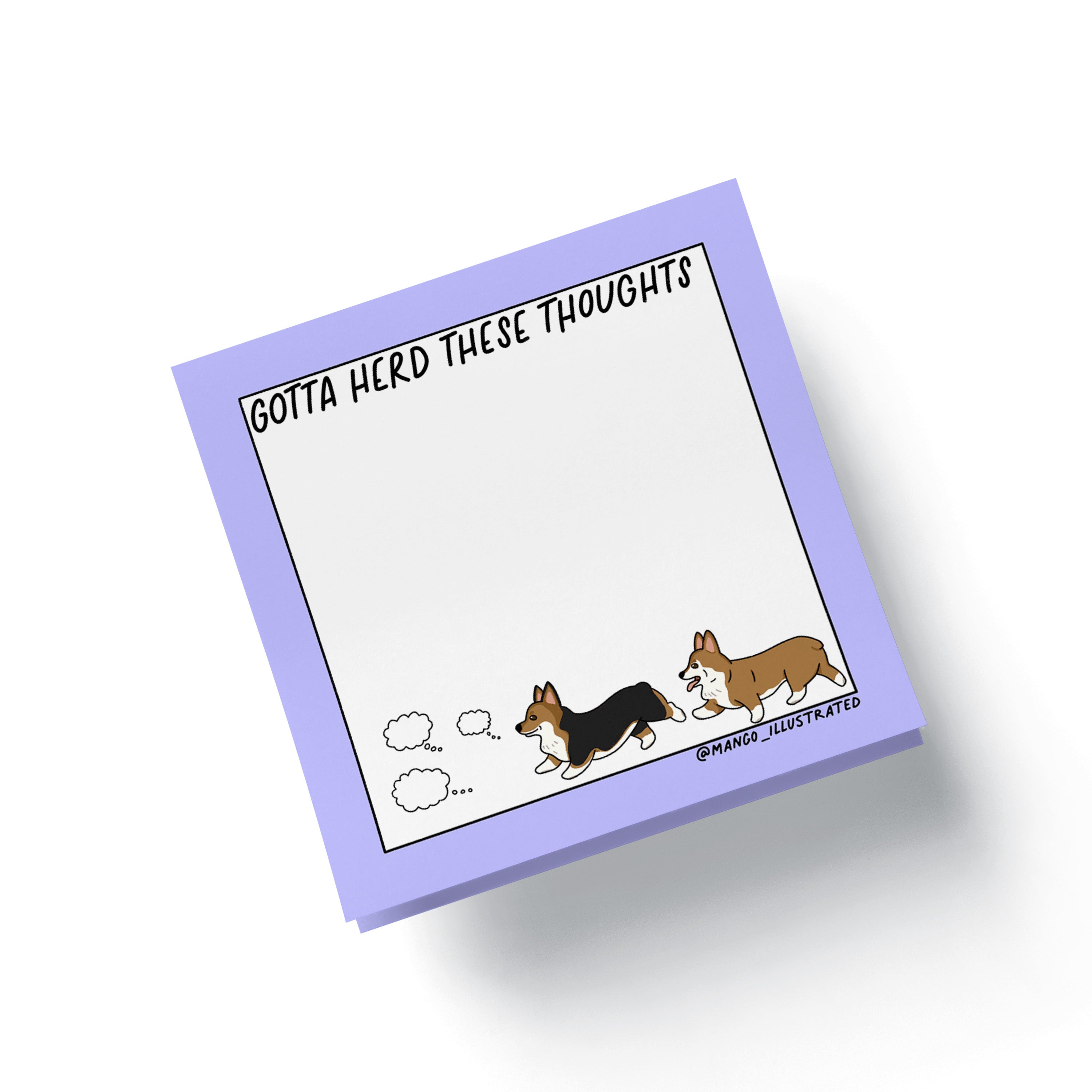 Gotta Herd Those Thoughts corgi sticky notes detail — hand drawn corgi illustration by MangoIllustrated