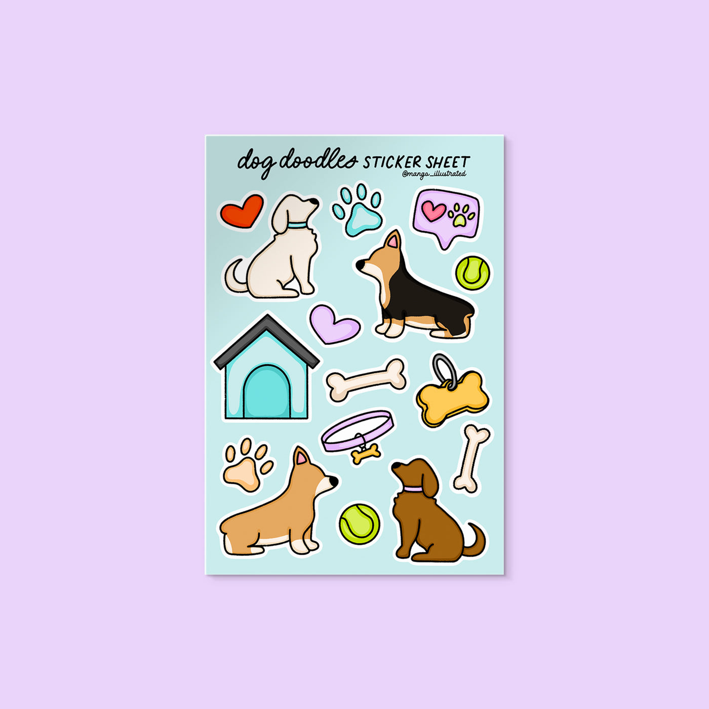 Dog Doodles Sticker Sheet flat lay — illustrated dog lover sticker sheet by indie artist MangoIllustrated