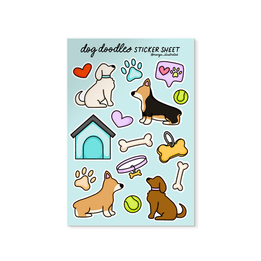Dog Doodles Sticker Sheet — 16 hand drawn dog illustrated stickers on 4x6 in sheet by MangoIllustrated