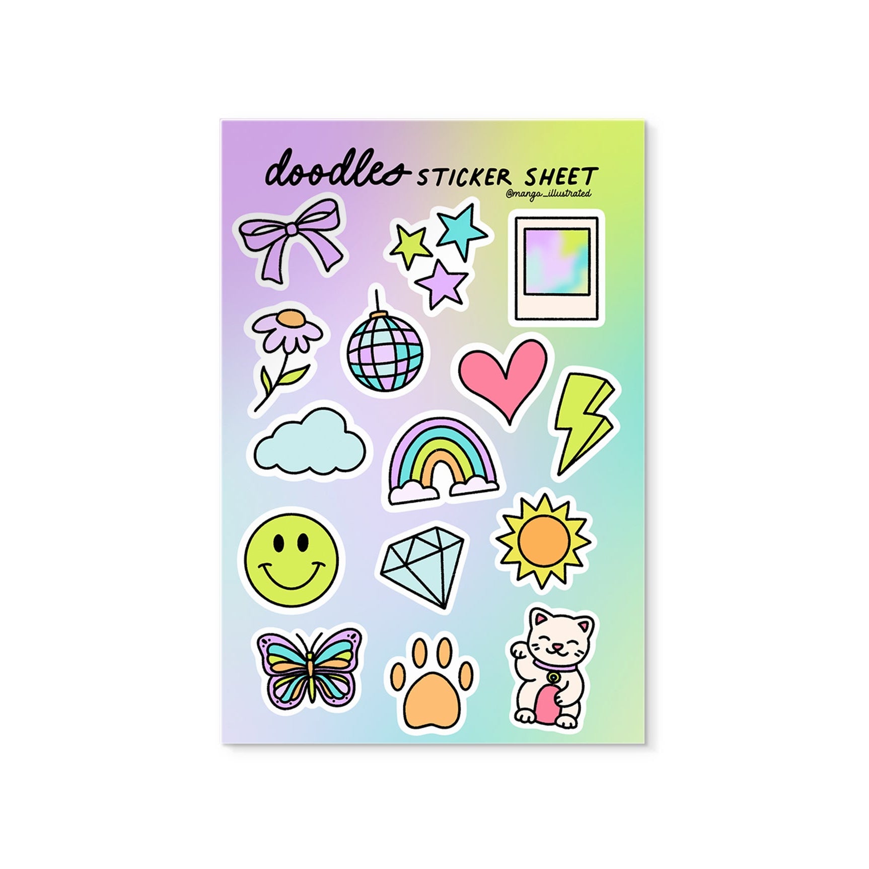 Doodles Sticker Sheet — 15 hand drawn colorful illustrated stickers on 4x6 in sheet by MangoIllustrated