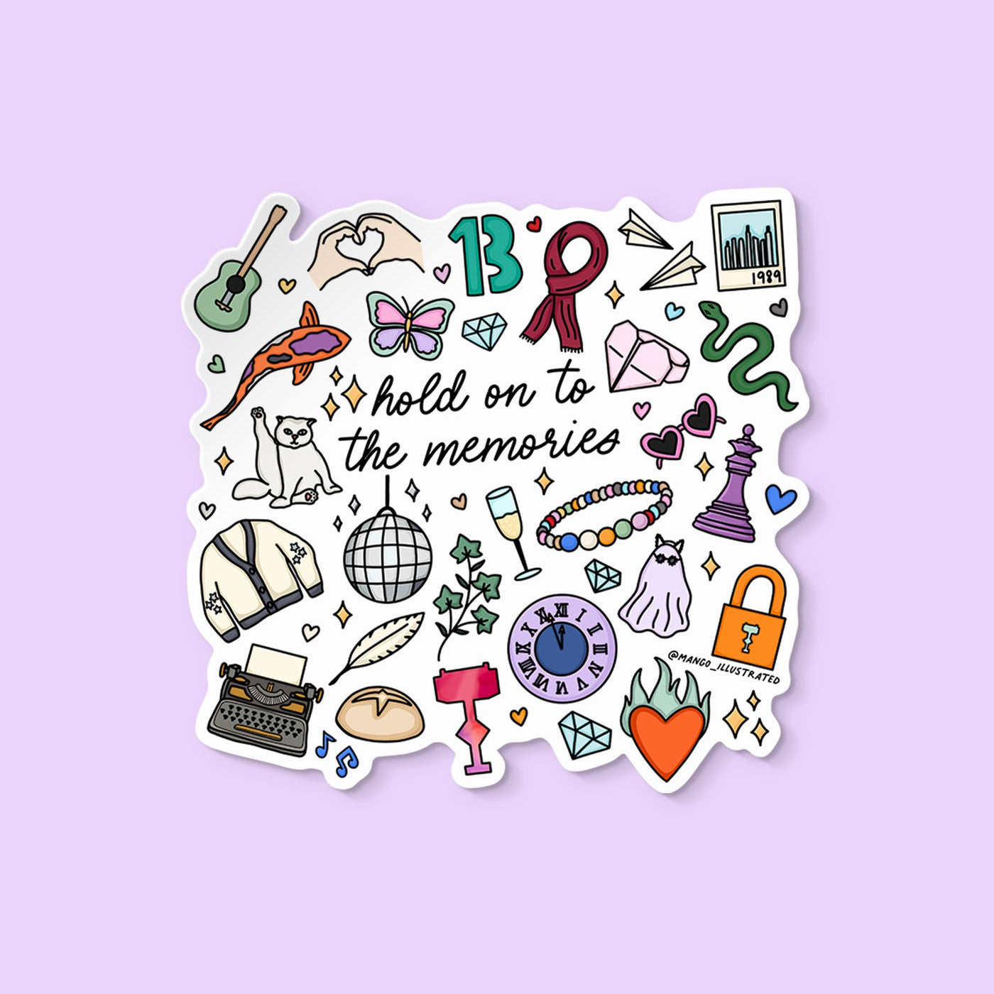 Sticker with various icons and text 'hold on to the memories' on a light purple background