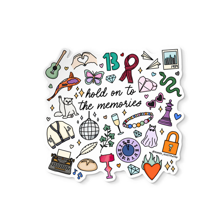 Sticker with various icons and text 'hold on to the memories' on a white background