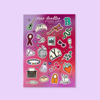 Sticker sheet with various doodles on a pink and purple gradient background