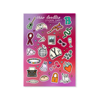 Sticker sheet with various doodles on a pink and purple gradient background