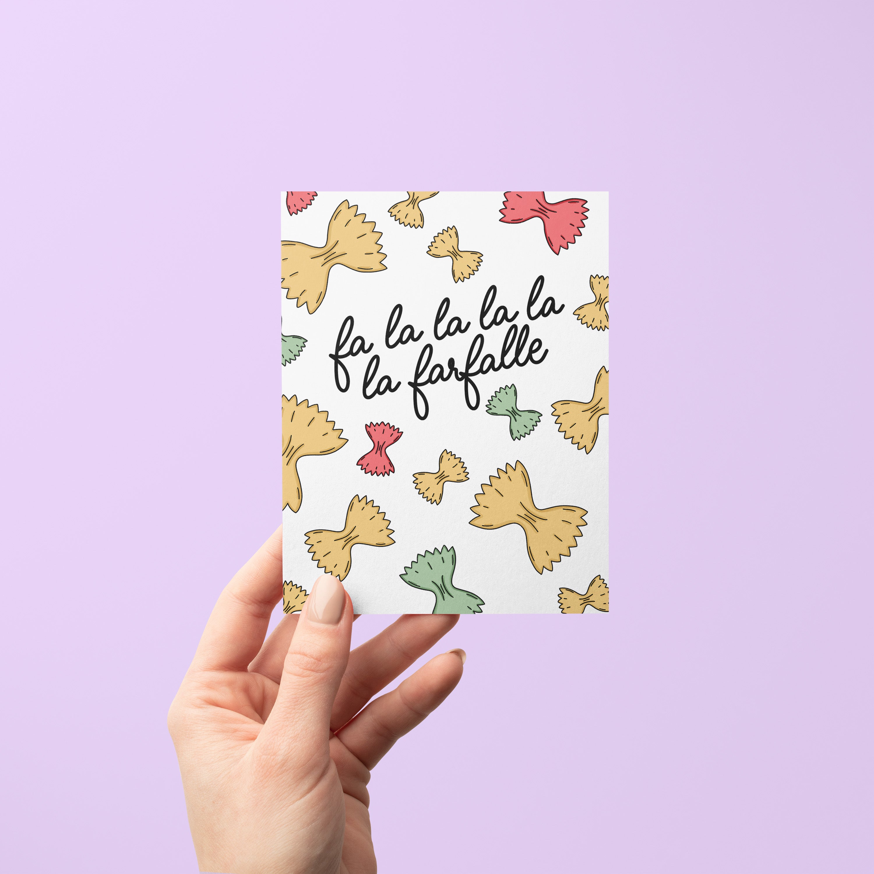 Fa La La Farfalle card detail — hand lettered pasta holiday greeting card by MangoIllustrated