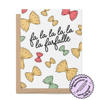 Fa La La Farfalle Pasta illustrated holiday card badge — hand drawn pasta Christmas card by MangoIllustrated
