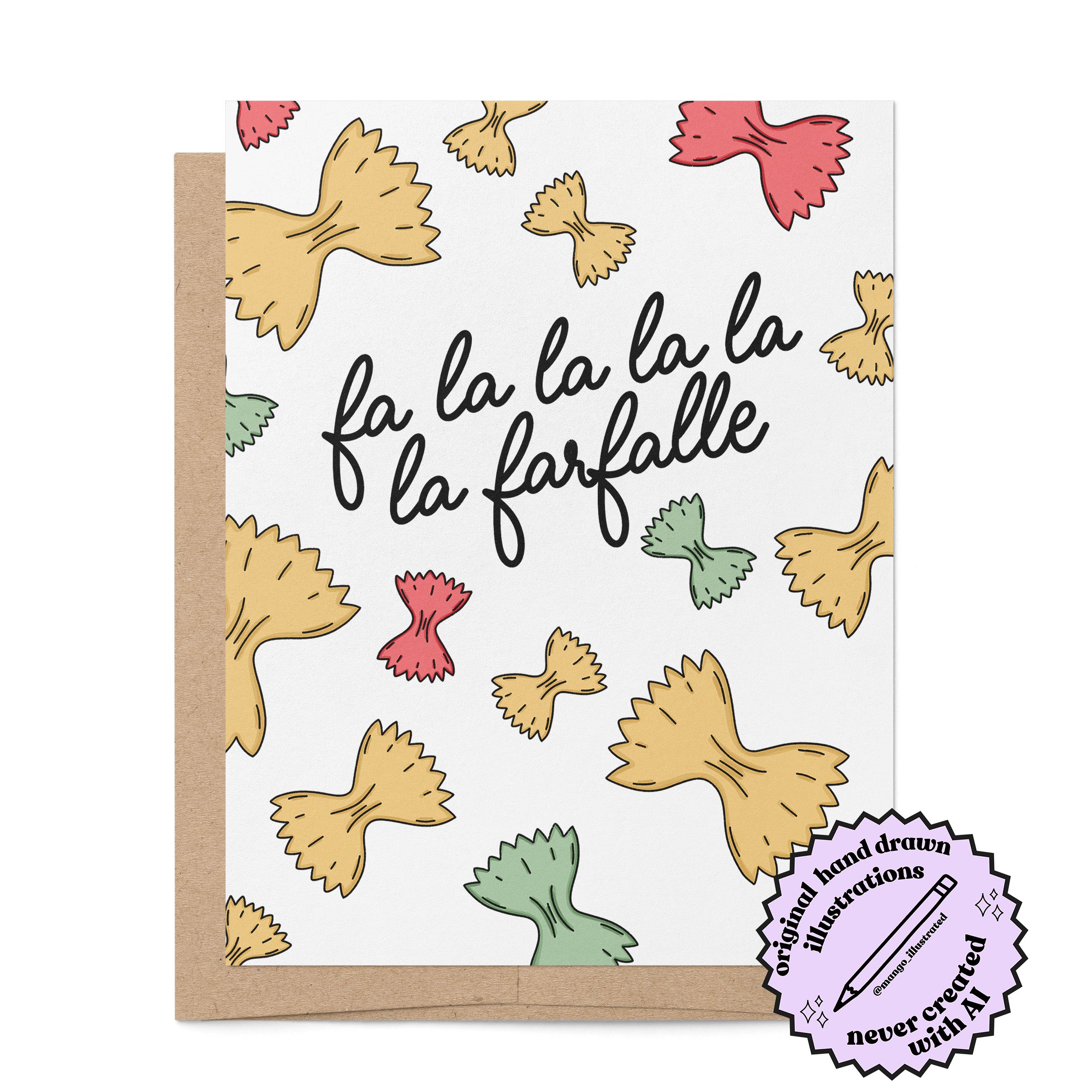 Fa La La Farfalle Pasta illustrated holiday card badge — hand drawn pasta Christmas card by MangoIllustrated
