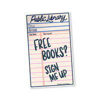 Free Books Library Card sticker — hand drawn library card illustration, 3 inch vinyl sticker, by MangoIllustrated