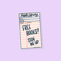 Free Books Library Card sticker flat lay — illustrated book lover sticker by indie artist MangoIllustrated