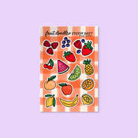Fruit Doodles Sticker Sheet flat lay — illustrated fruit sticker sheet by indie artist MangoIllustrated