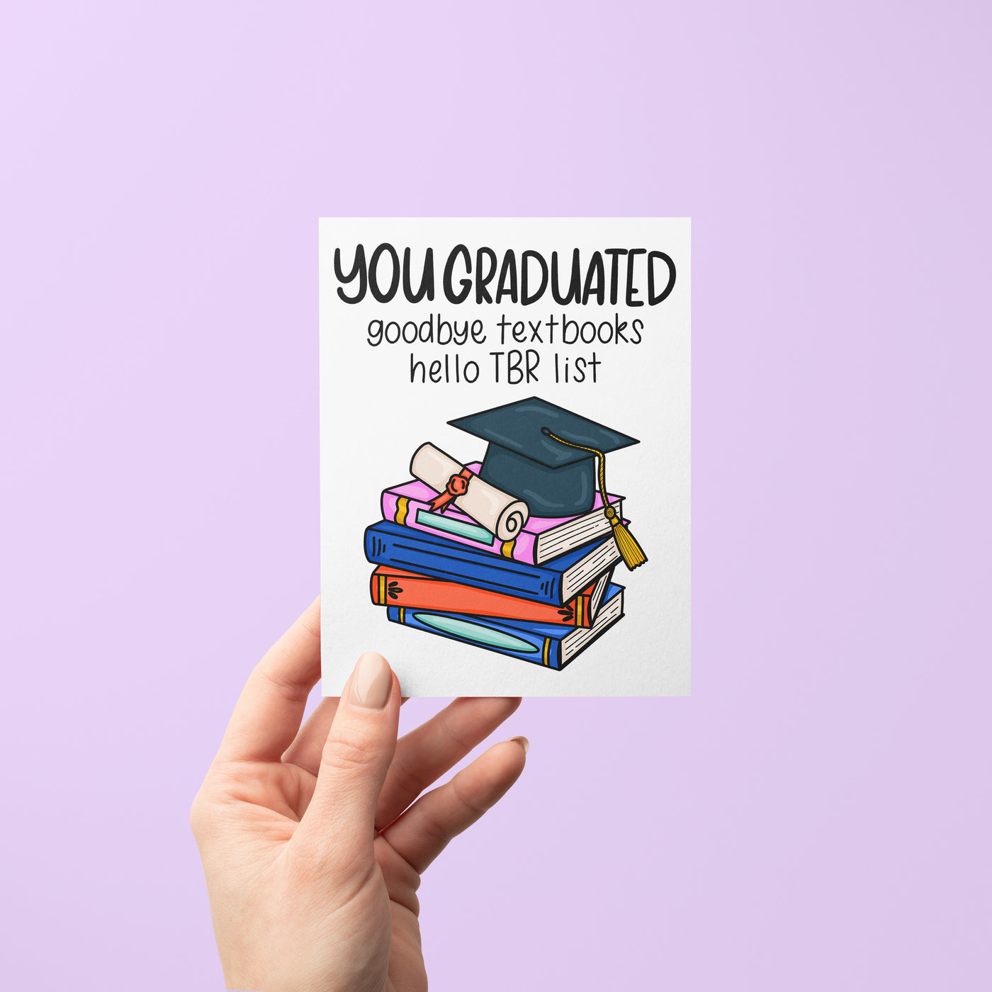 Bookish Graduation Card flat — hand drawn illustrated graduation card for book lovers by MangoIllustrated