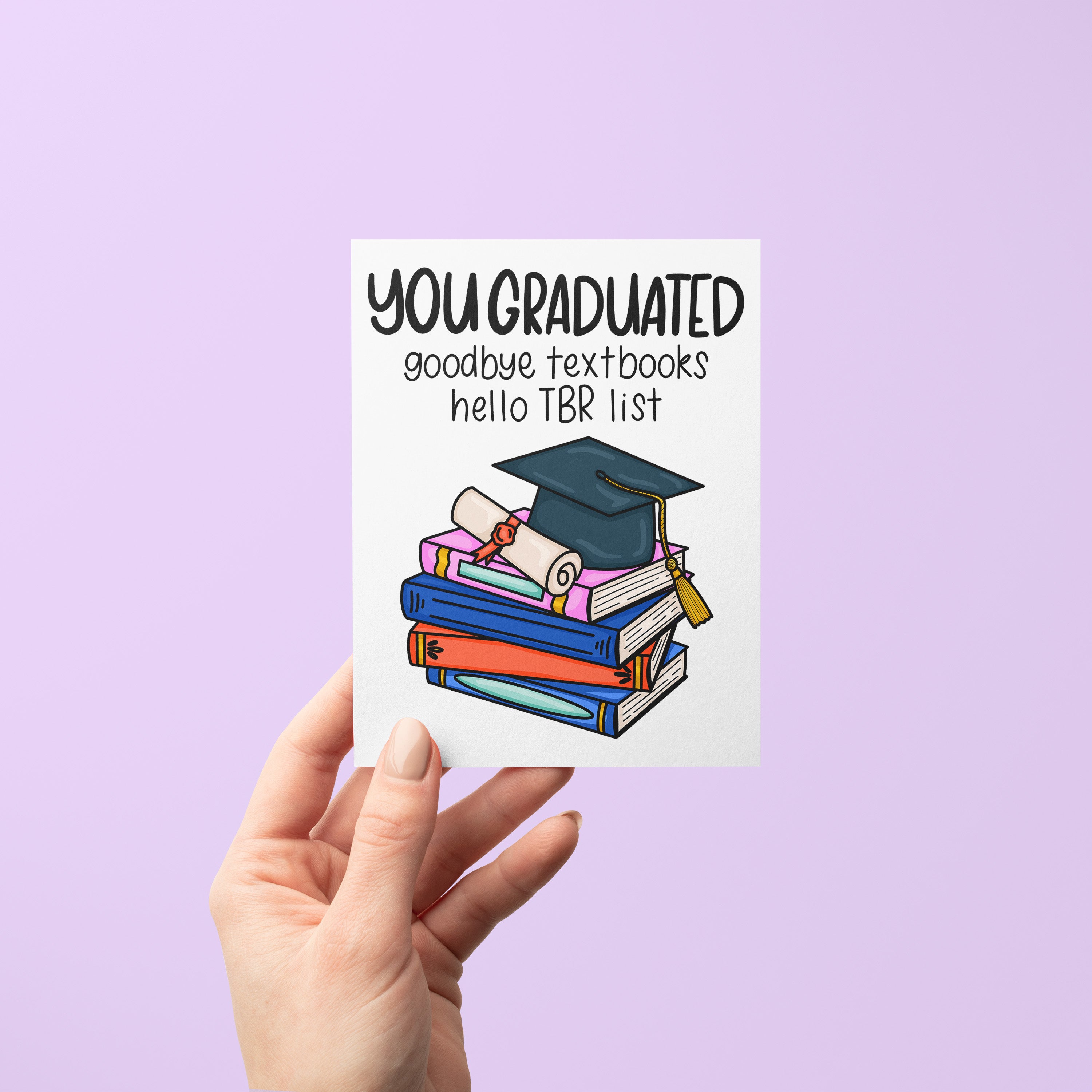 Bookish Graduation Card flat — hand drawn illustrated graduation card for book lovers by MangoIllustrated