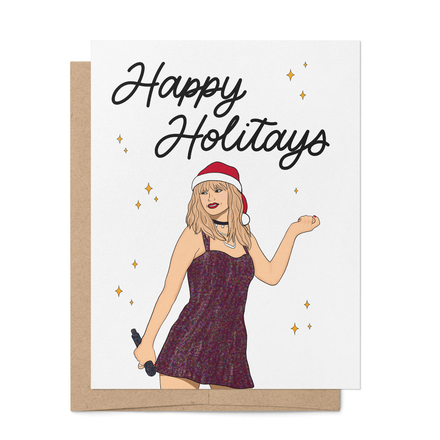 Happy Holitays holiday card with A2 kraft envelope — illustrated Christmas card by MangoIllustrated