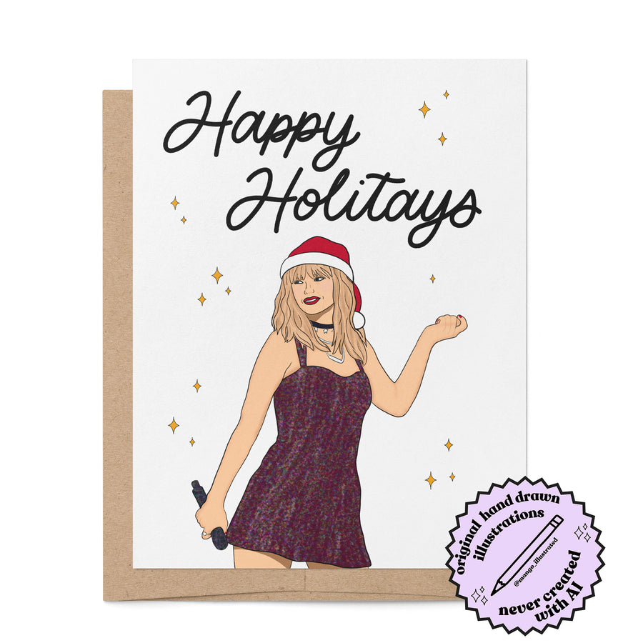 Happy Holitays card — hand lettered Swiftie holiday card by MangoIllustrated