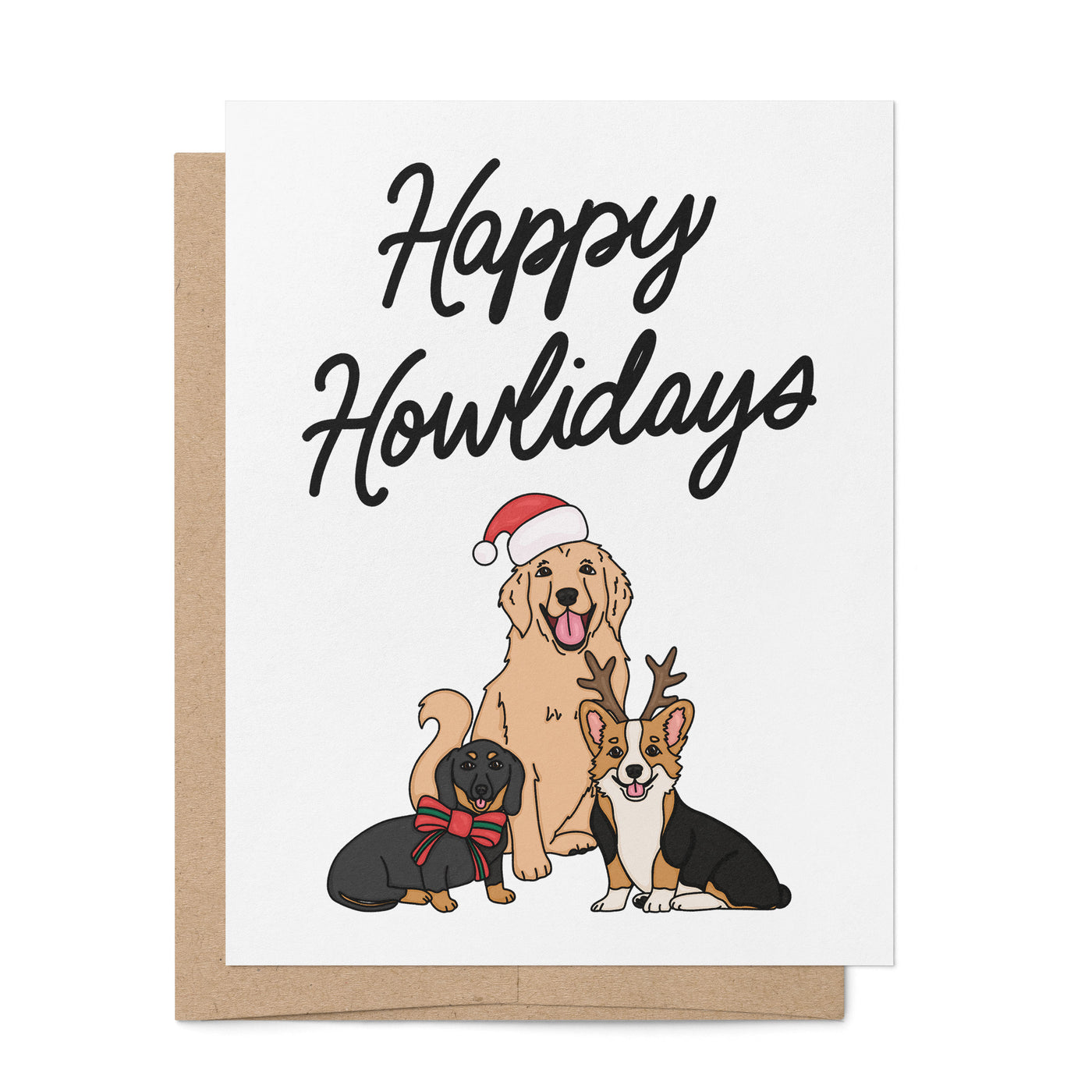 Happy Howlidays card — corgi dachshund golden retriever illustrated holiday card by MangoIllustrated