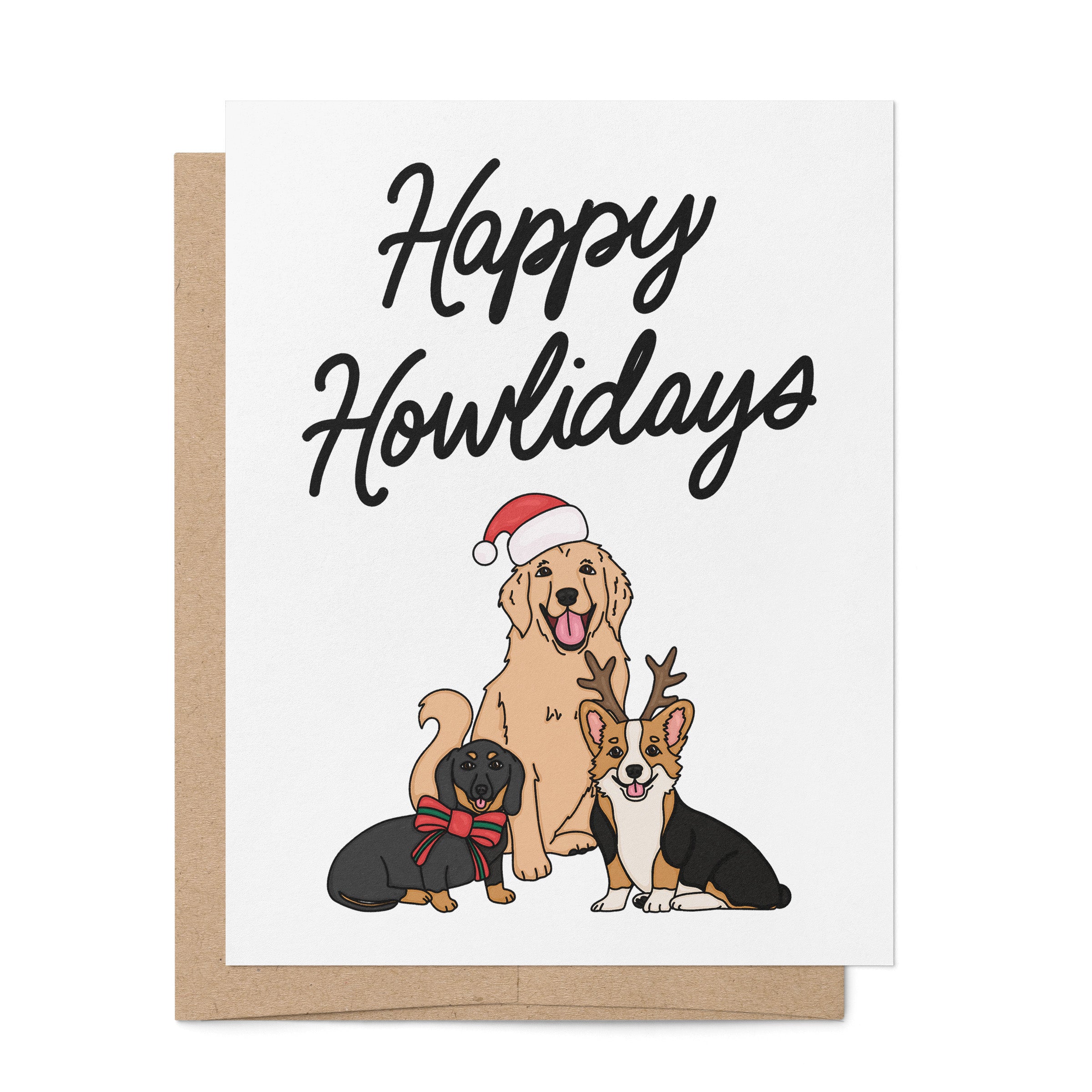 Happy Howlidays card — corgi dachshund golden retriever illustrated holiday card by MangoIllustrated