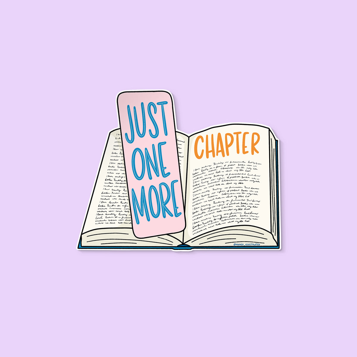 Just One More Chapter sticker flat lay — illustrated reading sticker by indie artist MangoIllustrated