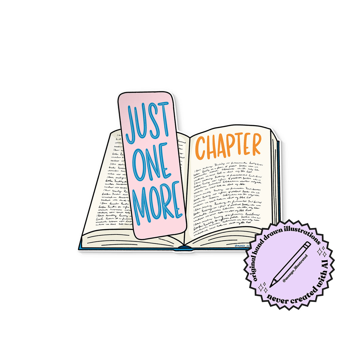 Just One More Chapter sticker detail — hand lettered bookworm sticker by MangoIllustrated
