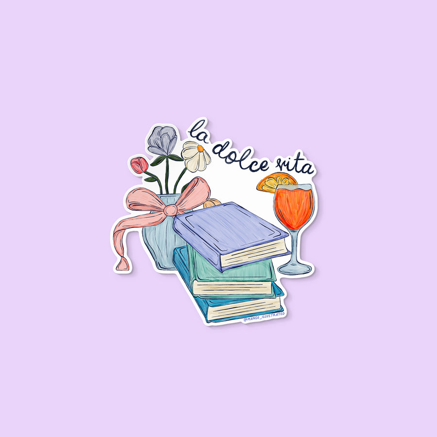 Vinyl sticker with La Dolce Vita design featuring books, flowers in a vase, and an Aperol spritz illustration.