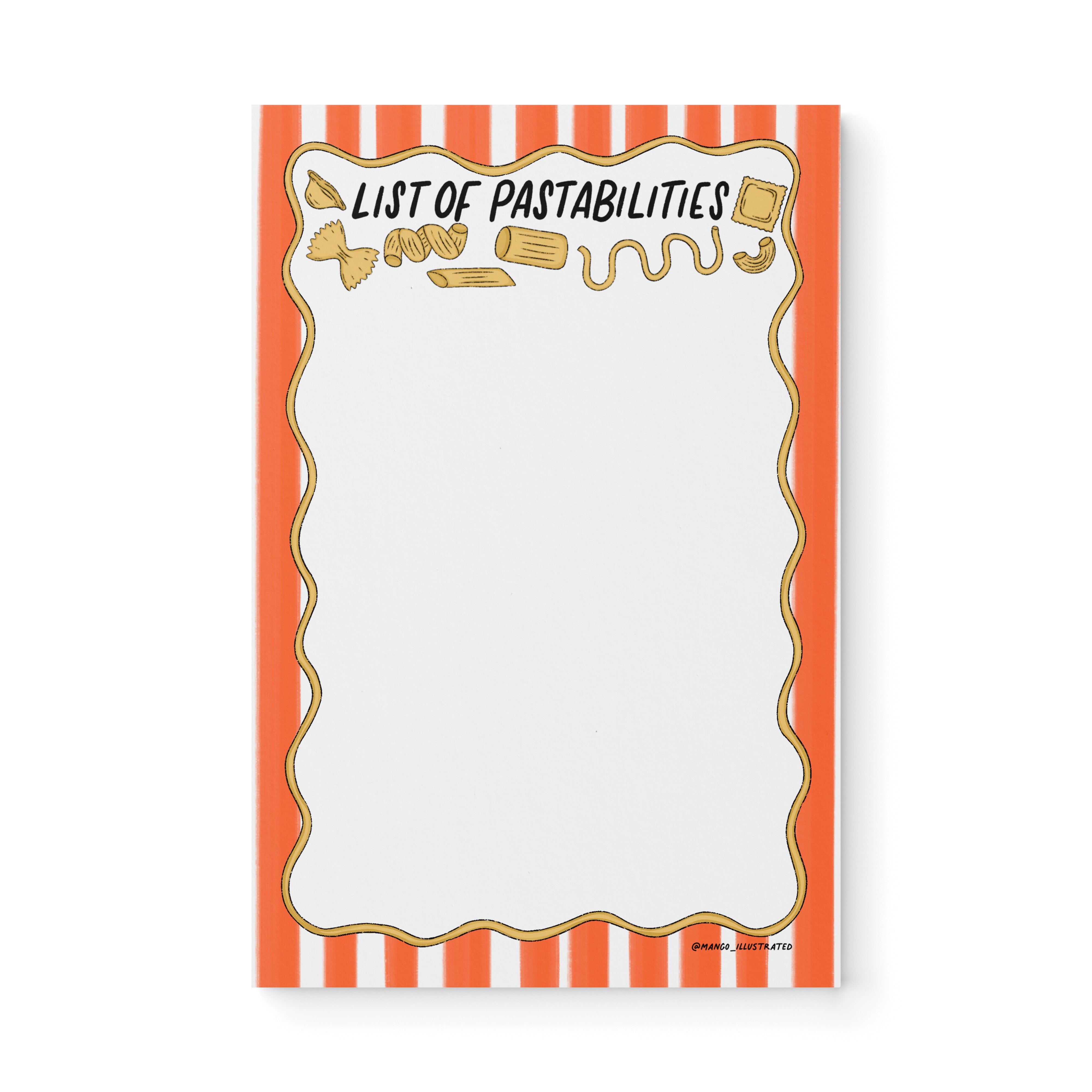 List of Pastabilities notepad — illustrated pasta pun list notepad, 8.5 x 5.5 in, by MangoIllustrated