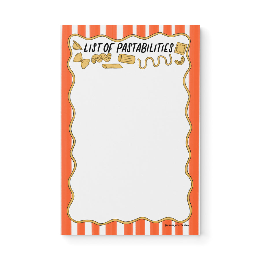 List of Pastabilities notepad — illustrated pasta pun list notepad, 8.5 x 5.5 in, by MangoIllustrated