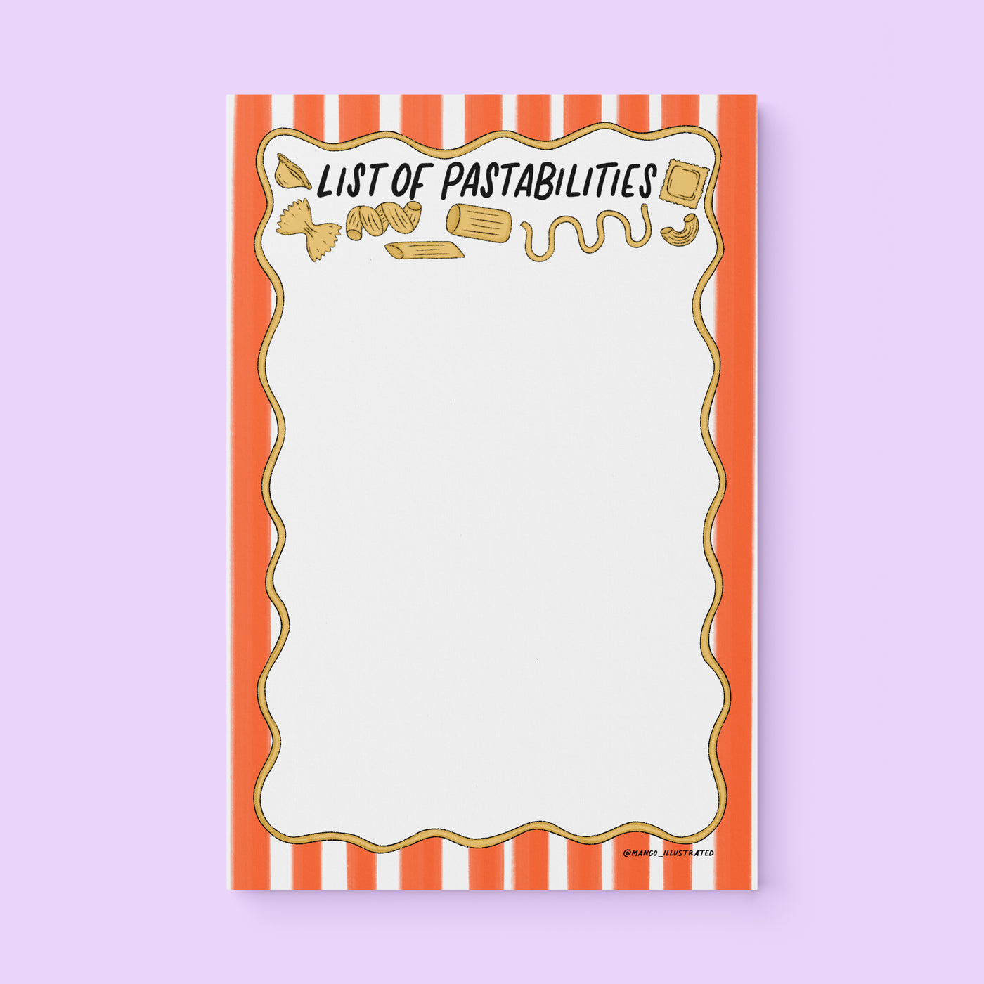 List of Pastabilities notepad flat lay — funny pasta lover notepad by indie artist MangoIllustrated