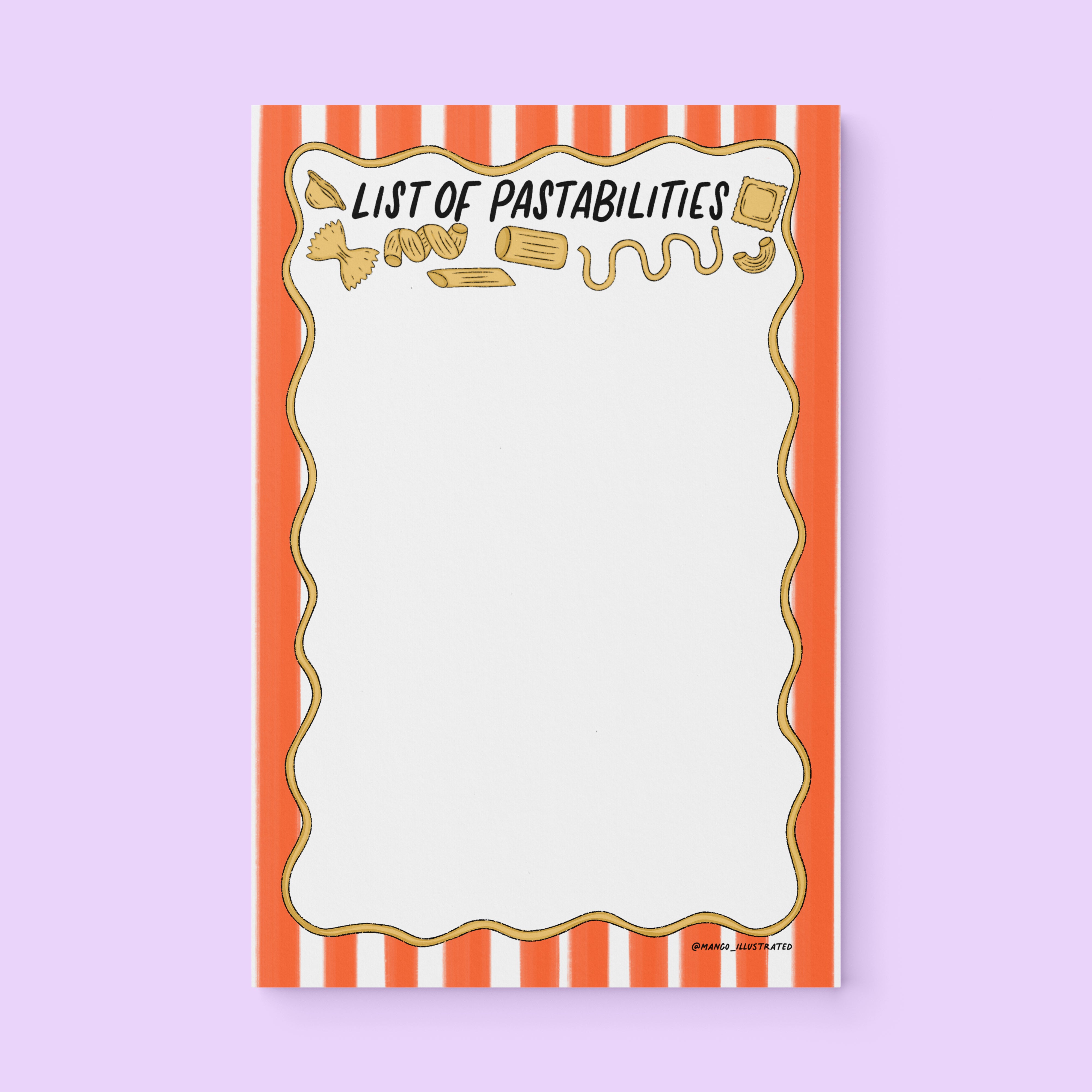 List of Pastabilities notepad flat lay — funny pasta lover notepad by indie artist MangoIllustrated