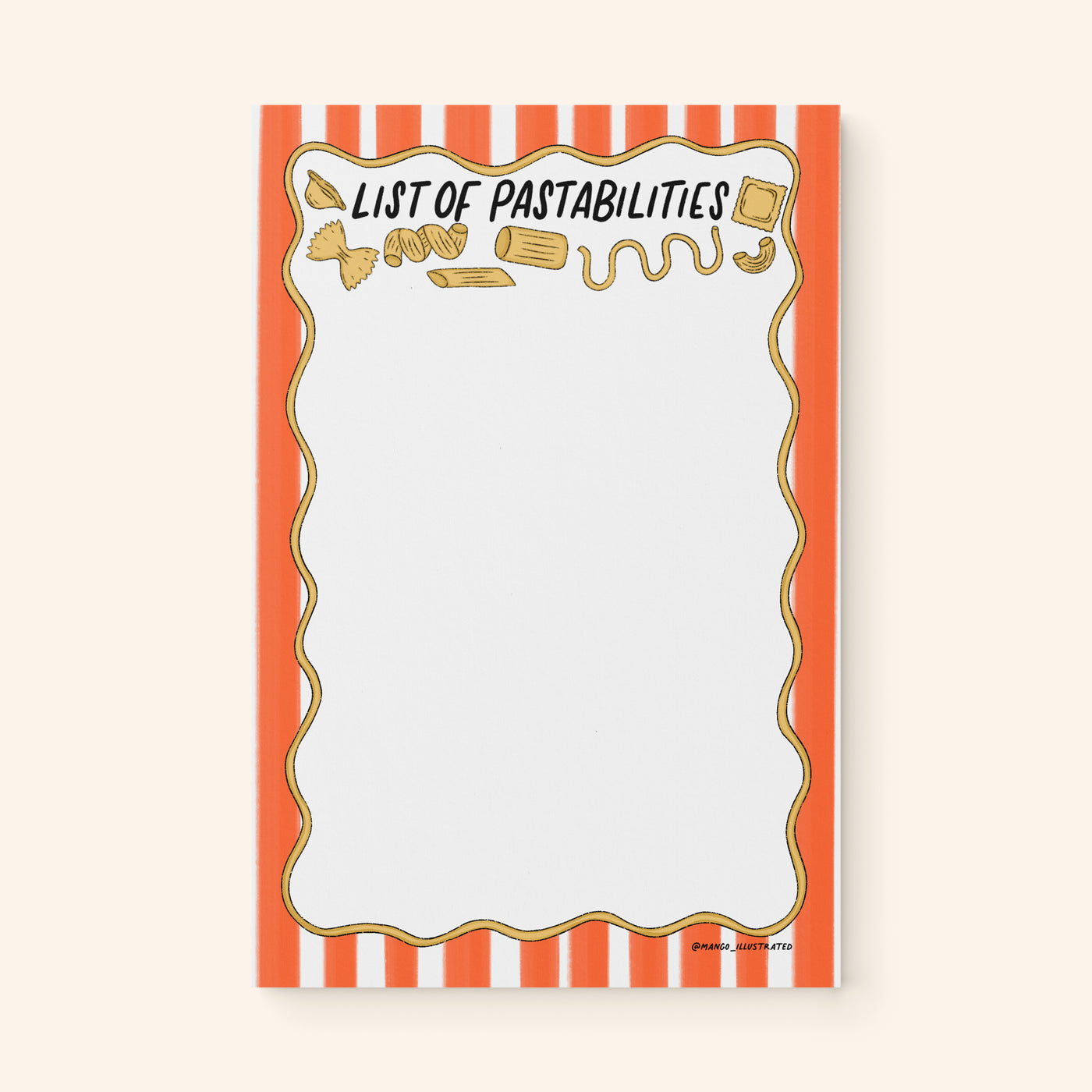 List of Pastabilities notepad detail — hand drawn pasta illustrations by MangoIllustrated