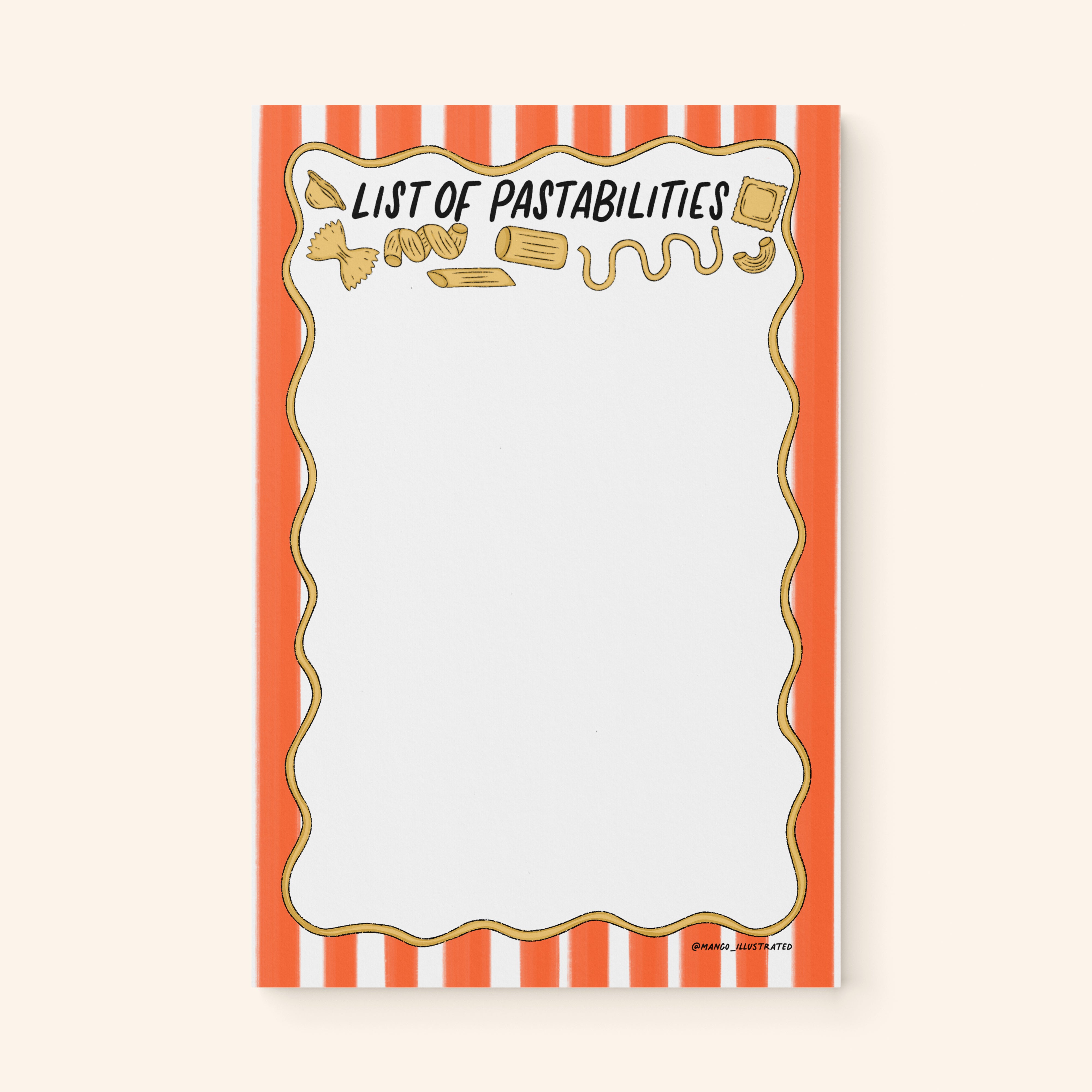 List of Pastabilities notepad detail — hand drawn pasta illustrations by MangoIllustrated