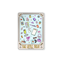 The Little Treat Tarot Card sticker — tarot style illustration with a banner reading The Little Treat, hand drawn and hand lettered by MangoIllustrated
