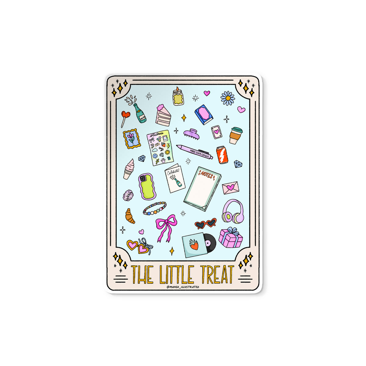The Little Treat Tarot Card sticker — tarot style illustration with a banner reading The Little Treat, hand drawn and hand lettered by MangoIllustrated