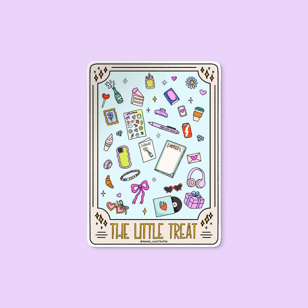 The Little Treat Tarot Card sticker flat lay — mystical treat yourself waterproof vinyl sticker for laptops and planners by indie artist MangoIllustrated