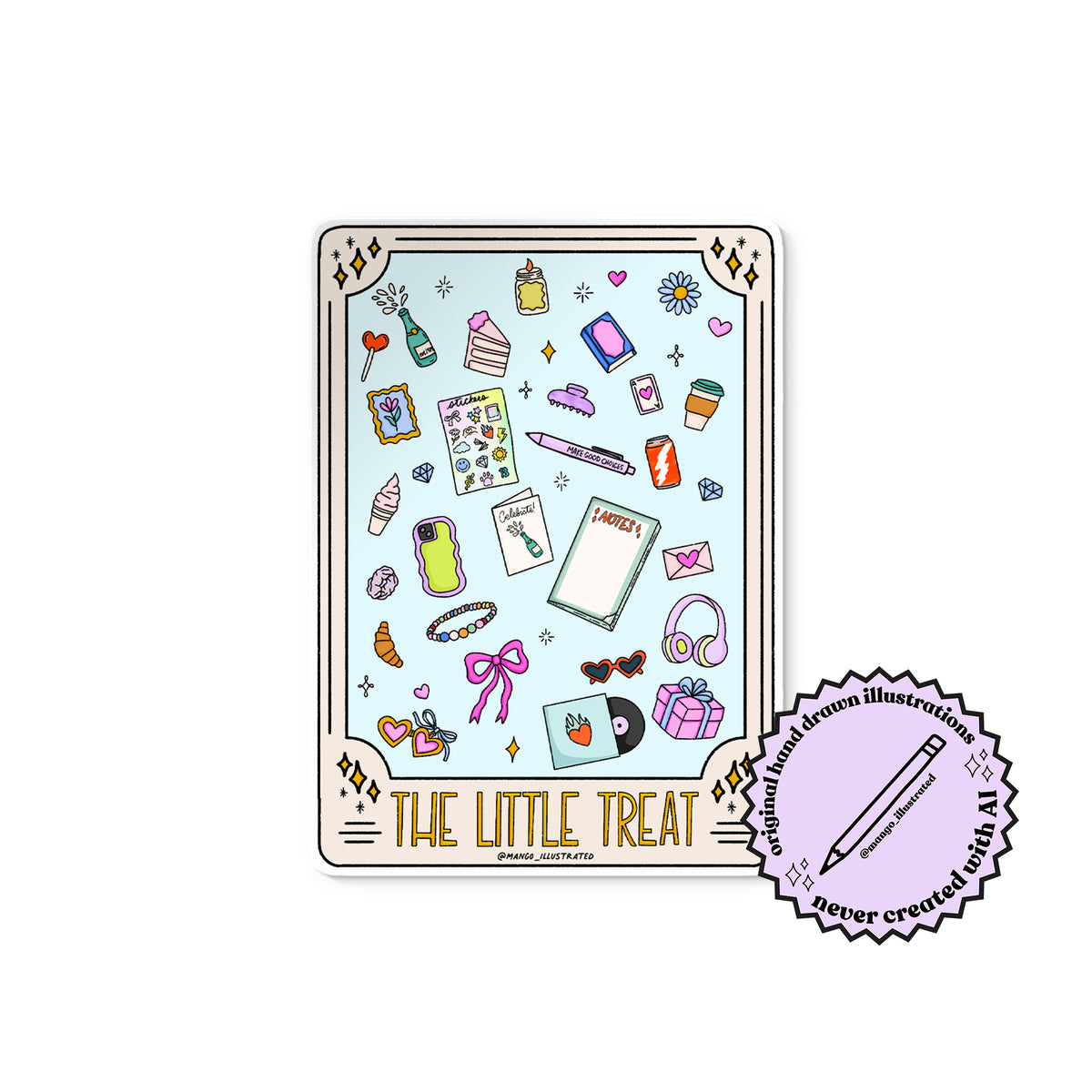 The Little Treat Tarot Card sticker with the MangoIllustrated original hand drawn illustrations, never created with AI badge