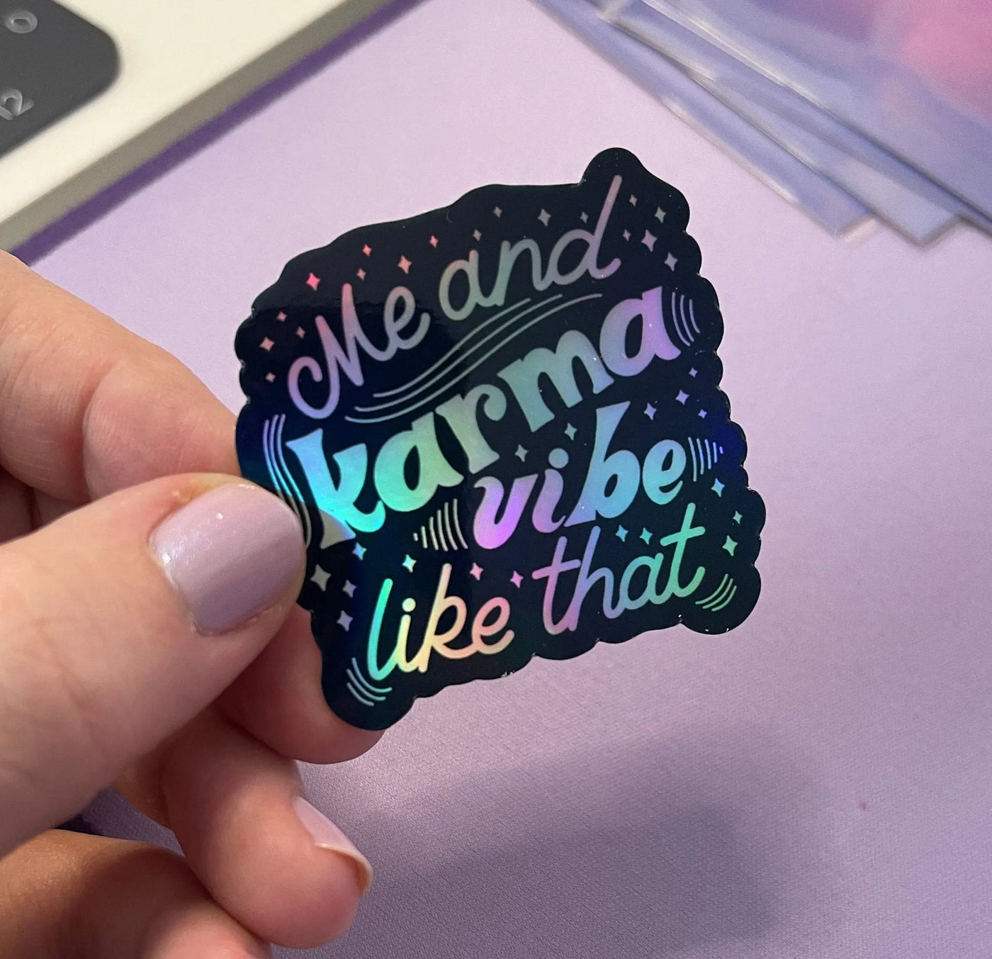 MINI Me and Karma Vibe Like That holographic sticker MangoIllustrated