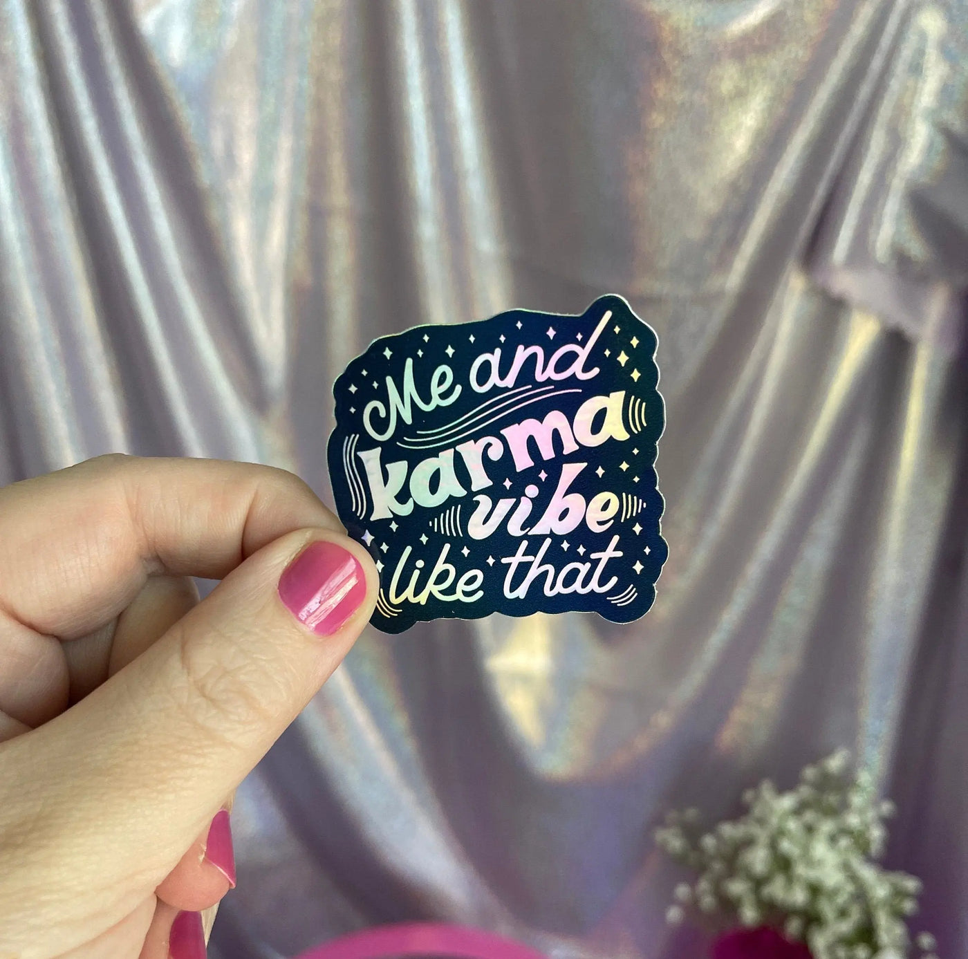 MINI Me and Karma Vibe Like That holographic sticker MangoIllustrated