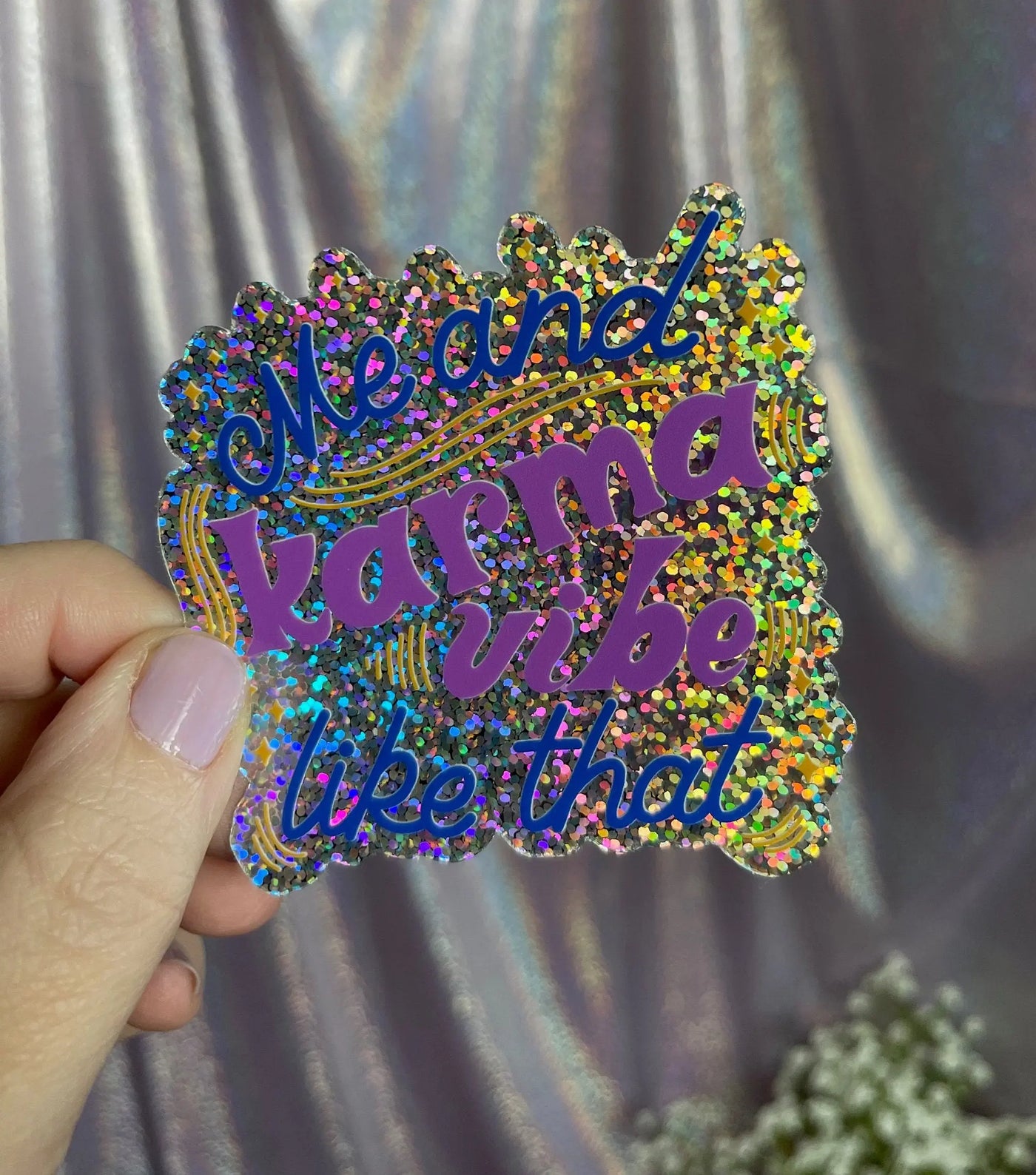 Me and Karma Vibe Like That fuchsia holographic glitter sticker MangoIllustrated