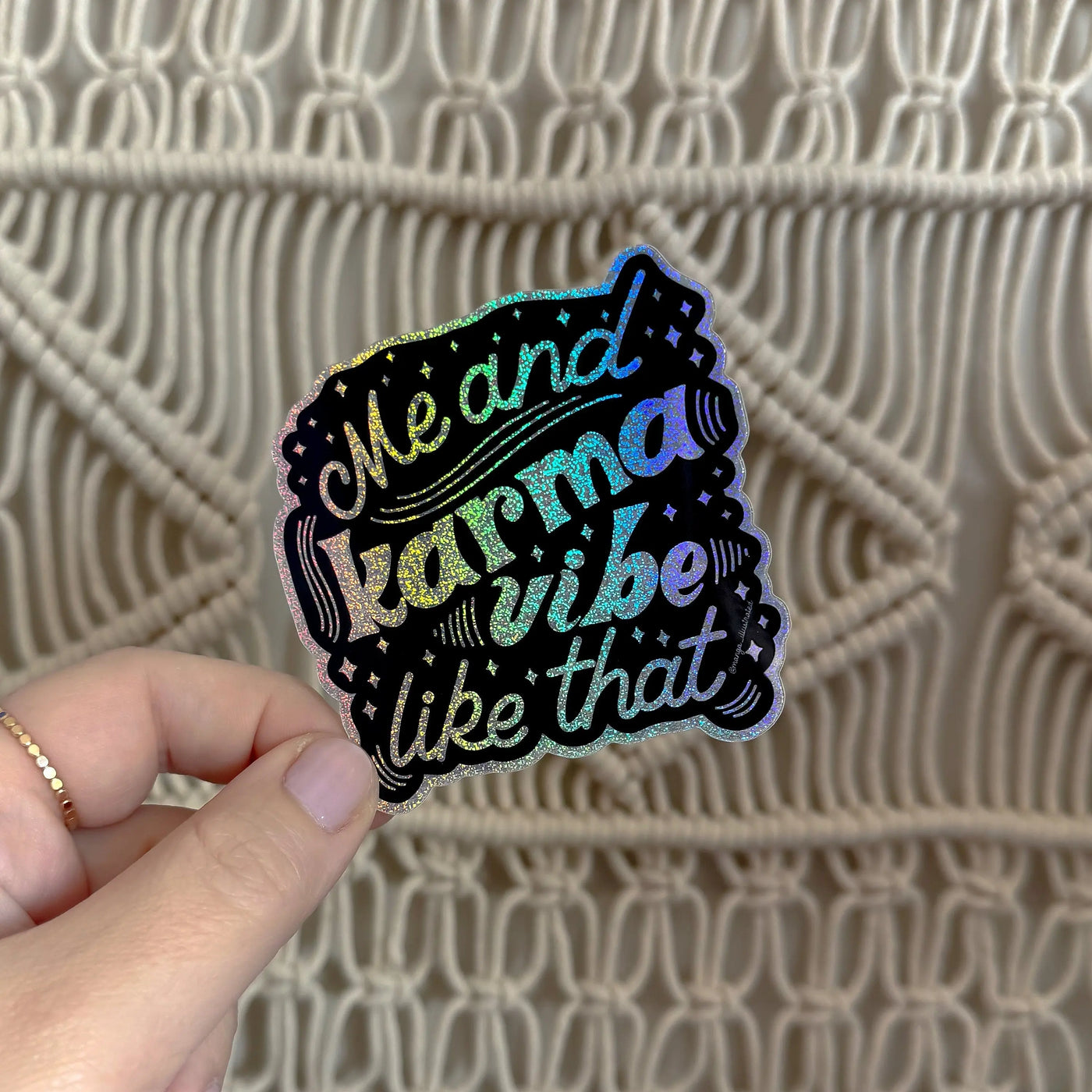 Me and Karma Vibe Like That holographic glitter sticker MangoIllustrated